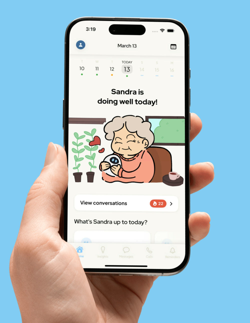 The Sam app daily summary showing Sandra is doing well today.