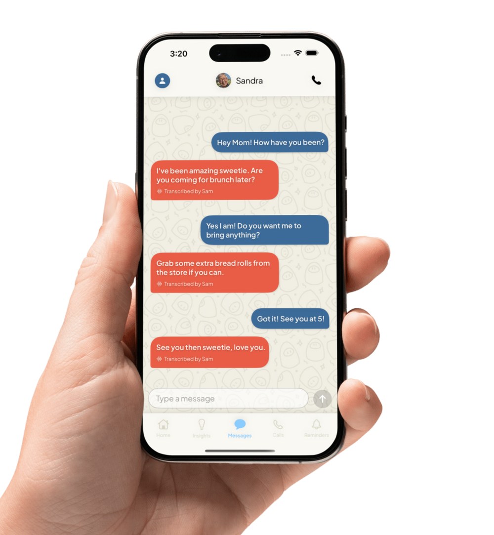 The Sam app showing messages between a family member and their loved one