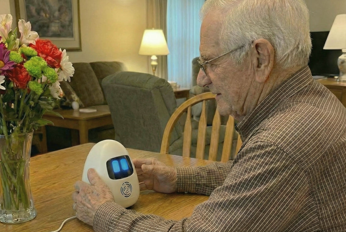 A man holding Sam at a table
